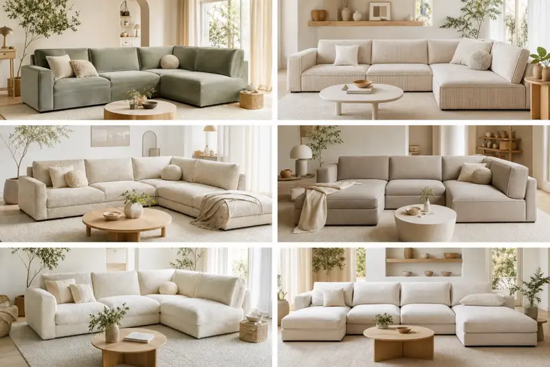 Grid of top l shaped couch picks in velvet, corduroy and cloud styles