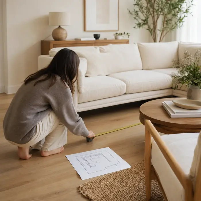 Measuring tape and floor plan next to an l-shaped sectional