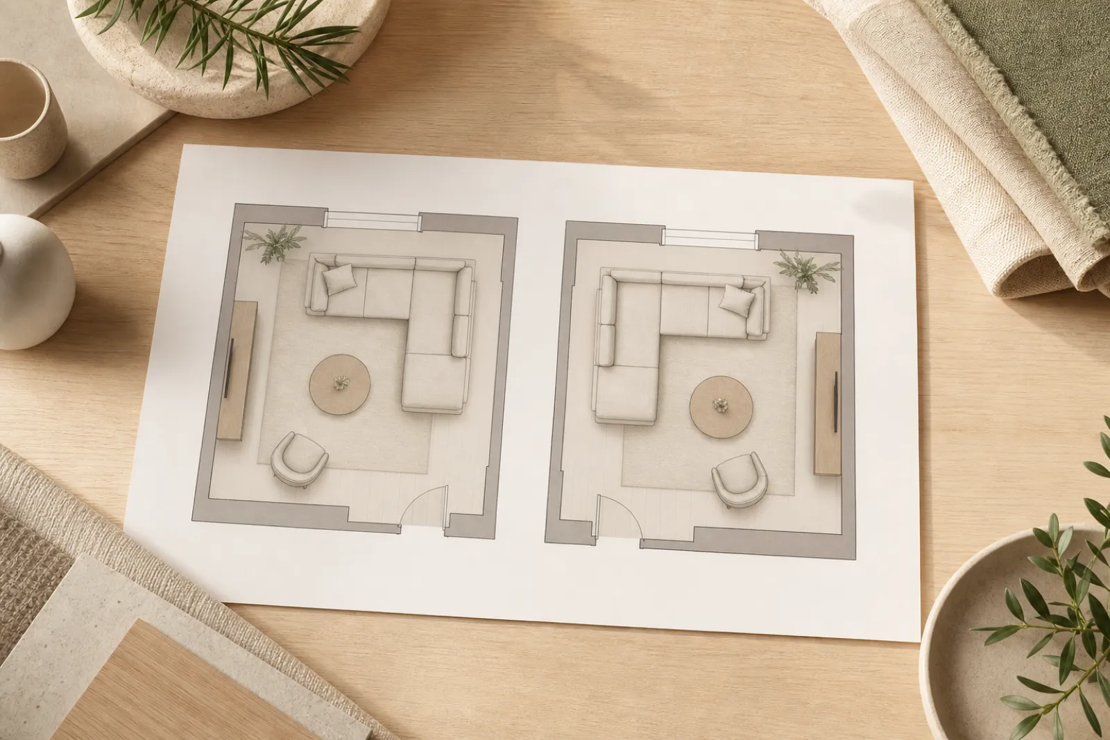 Floor plan showing left-facing vs right-facing l-shaped sectional chaise orientation in a living room
