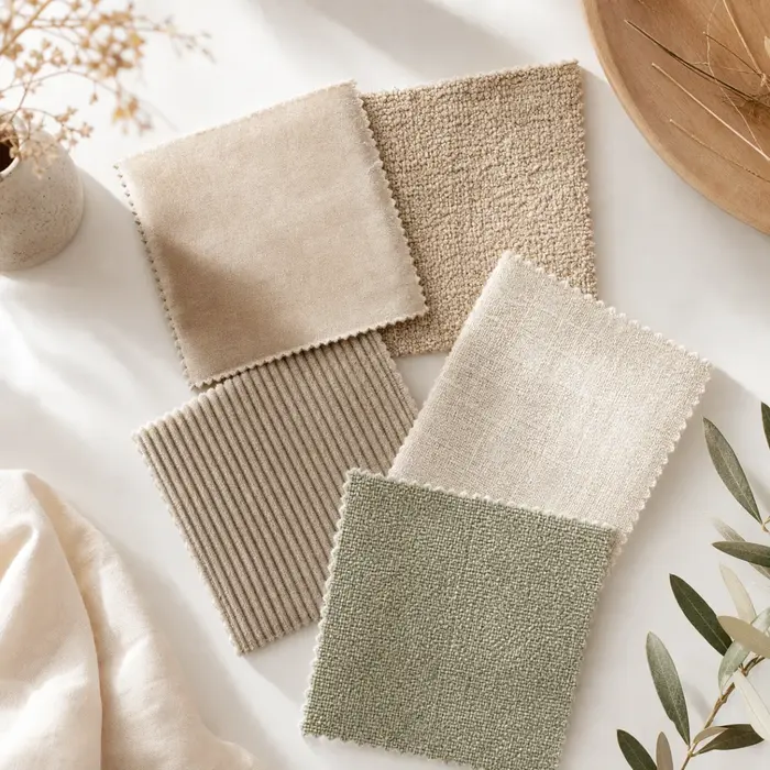 Fabric swatches of velvet, chenille, corduroy and polyester upholstery