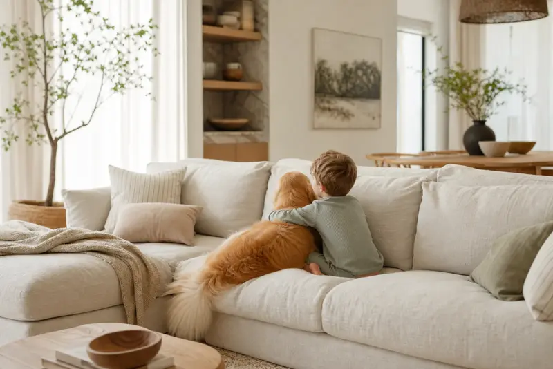 Dog and child on a washable slipcover l-shaped sectional