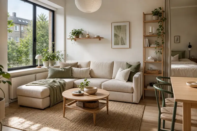 Compact l-shaped couch in a small apartment living room