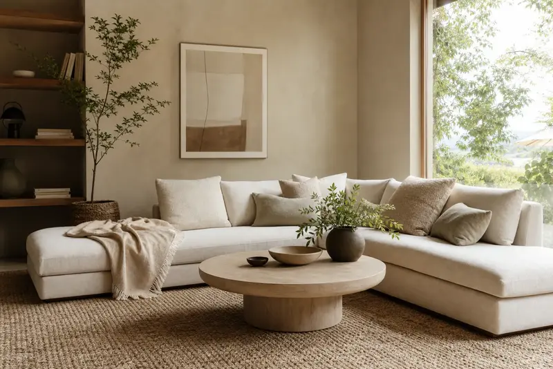 Styled l-shaped sofa with rug, coffee table and throw pillows