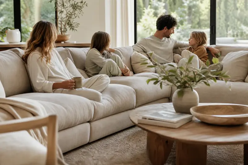 Family relaxing on an oversized l-shaped sectional
